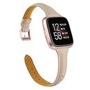 TOYOUTHS Leather Strap Compatible with Fitbit Versa/Versa 2 Bands Women Men Slim Genuine Leather Wristbands Replacement for Versa Lite Edition/Versa SE Classic Accessorie (Beige+Rose Gold Buckle)