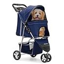 MoNiBloom 3 Wheels Pet Stroller, Foldable Dog Cat Cage Jogger Stroller with Weather Cover for All-Season, Storage Basket and Cup Holder, Breathable and Visible Mesh for Small/Medium Pets, Blue