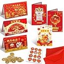 DPKOW 2024 Chinesisches Neujahrskarten Set, 6 Jahr des Drachen karten + 6 roten Umschlägen + 10 Chinesischen Münzen + 12 Chinesischen Neujahrsaufklebern, Geldgeschenk Chinesische Glückwunschkarten