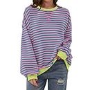 QBNOVA Women Oversized Striped Color Block Long Sleeve Casual Sweatshirt Loose Pullover Shirt Top（Green Powder,L）