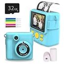 FIJBOO Instant Camera for Kids, 1080P Mini Printing Kid Camera with 3 Rolls of Printing Paper and 32G Memory Card - 32 Shooting Effects to Choose from. (Blue)