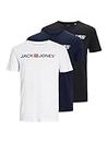 Jack & Jones Jjecorp Logo tee SS Crew Neck 3pk MP Camiseta Cuello Redondo, Pack de 3 (1 Chaqueta de Color Marino, 1 Blanco, 1 Negro), S para Hombre