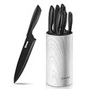 D.Perlla Knife Set with Block, 7 Piece Kitchen Knife Sets, Stainless Steel Black Coating, Upright Knife Block, Lightweight and Non-Slip Handles, for Easy Cleaning and Drying