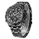 Men's Digital Quartz Analog Sport Watches for Men Chronograph Large Face Stainless Steel Waterproof Wrist Watch in Black
