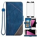 Compatible with Samsung Galaxy S7 Edge Wallet Case and Tempered Glass Screen Protector Flip Cover Card Holder Stand Cell Phone Cases for Glaxay S7edge Gaxaly S 7 Plus Galaxies GS7 7s 7edge Women Blue