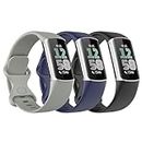Astorgos 3 PZS Correa de Reloj Compatible con Fitbit Charge 6/Fitbit Charge 5 para Mujer Hombre, Pulsera de Silicona Suave de Repuesto, Negro/Azul Oscuro/Gris Roca