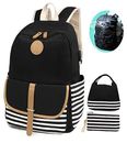  School Backpacks for Women Teen Girls with USB Charging Port and Black 3 Set