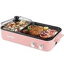 Topwit Hot Pot Electric with Grill, 2 in 1 Indoor Non-stick for Steaks, Shabu Shabu, Noodles, Simmer and Fry, Korean BBQ Grill, Independent Dual Temperature Control, Pink