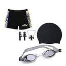 Men Swimming Shorts Trunks Combo KIT with Swimming Cap Goggles EARPLUGS and Nose (32, Black)