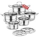 Stainless Steel Cookware Set, 12 Piece Nonstick Kitchen Induction Cookware Set, Works with Induction/Electric and Gas Cooktops, Kitchen Cooking Set with Glass Lid (Silver Gray)
