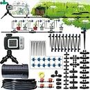Drip Irrigation System with Water Timer Drip Irrigation Kit 162ft 1/2 Inch 1/4 Inch Pipe Auto Watering System for Garden Adjustable Spray, for Greenhouse, Garden, Lawn, Potted Plants Black