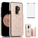 Phone Case for Samsung Galaxy S9 Plus with Tempered Glass Screen Protector and Card Holder Wallet Cover Stand Flip Leather Cell Accessories Glaxay S9+ 9S 9+ S 9 9plus S9plus Cases Women Golden