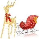 AUZONIMICS 4FT Christmas Deer and Sleigh Lighted Outdoor Decoration Set, 3D Large Christmas Lawn Decorations Reindeer and Sleigh for Outdoor, Indoor, Yard, Garden, Porch with 120 LED Lights