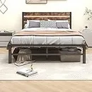VERFARM Full Metal Platform Bed Frame with Rustic Vintage Wooden Headboard, Mattress Foundation, No Box Spring Needed/Noise-Free/Easy Assembly, Black-Brown