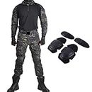 HAN·WILD Men's Military Uniform Tactical Suit Combat Shirts and Pants BDU Airsoft Paintball Clothing with Knee Pads, Black Camo, Large