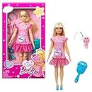 Barbie - La Mia Prima Barbie, giocattolo per bambini 3+ anni, Bambola alta 34 cm con busto morbido e arti snodati, abito rosa e una borsetta a forma di cuore, accessori e cucciolo di peluche, HLL19