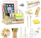 Desk Organizers and Accessories Office Supplies 14PS Set with Acrylic Stapler, Tape Holder, Staple Remover, Scissor, Pen Holder, Phone Holder, Clips Set, Stickers, 2 Pens, Ruler, Tape, and Staples