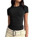 LACOZY Women's Basic Solid Crop Tops Short Sleeve Round Neck Shirt Workout Slim Fit T-Shirt Y2K Black L