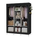 UDEAR Portable Wardrobe Closet Clothes Organizer Non-Woven Fabric Cover with 6 Storage Shelves, 2 Hanging Sections and 4 Side Pockets�，Black