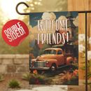 Welcome Friends Fall Garden Flag, Classic Orange Truck, Cabin, Gift for Her