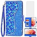 Asuwish Phone Case for Samsung Galaxy S21 Glaxay S 21 5G 6.2 inch Wallet Cover with Screen Protector and Wrist Strap Flip Card Holder Bling Glitter Stand Cell Gaxaly 21S G5 Women Girls Blue