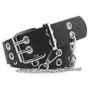 Thboxes Double Grommet Belt, PU Leather Eyelet Belt Black Goth Waist Belt Punk Belt with Chain and 2 Holes for Women Men Jeans Skirts or Dresses