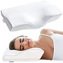 Inofia Cervical Contour Memory Foam Pillow Neck & Shoulder Pain Relief,Adjustable Height Ergonomic Support Side,Back,Stomach Sleepers with Washable Cover,53x32x11/6cm, White & Purple Pillow Side