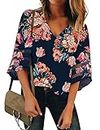 LookbookStore Women's V Neck Floral Printed Mesh Patchwork Blouse 3/4 Bell Sleeve Loose Spring Top Shirt Navy Blue Size Large
