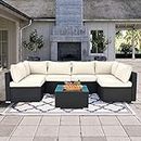 MERRY FASHION 7-Piece Patio Furniture Set, PE Rattan Wicker Outdoor All Weather Sectional Conversation Sets with Cushions & Tempered Glass Table for Garden Backyard (Black-Beige)