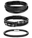 ADRAMATA 3PCS Magnetic-Clasp Braided Leather Bracelets for Men Wrap Leather Bracelet Bangle Wrist Cuff