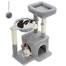 PAWZ Road Cat Tree, Small Cat Tower [29.5''=75CM] with Large Hammock, 2 Styles Cat Activity Tree with Sisal Cat Scratching Post, Interactive Danging Ball for Indoor Cats Gray