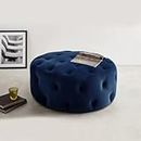 WangWanYC Modern Round Footstool, Velvet Texture, Upholstered Seat, Button Tufted Design, Upholstered Footstool, Backless Chair, Upholstered Footstool for Living Room, Bedroom. (Dark Blue,35.4")