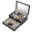 Readaeer Black Leather Watch Box Jewelry Display Case with Drawers, Jewelry Box (12 Slots with 2 Layers)
