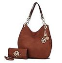 MKF Set Hobo Bag for Women & Wristlet Wallet – PU Leather Designer Handbag Purse – Shoulder Strap Lady Fashion, Cognac Brown Ashley, Large
