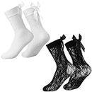 SATINIOR 2 Paar Söckchen mit Schleife Spitze Fischnetz Socken Baumwolle Damen Knöchelsocken mit Schleifen, Schwarz, Weiß