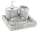 TeDeMel 4 Pieces Classy Bathroom Set - Dispenser, Soap Dish, Tray, Brush Paste Holder, Luxury Bath Accessories Set Of 4 (Classy) (Classy Marble Finish), Grey