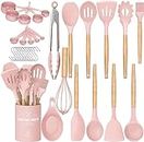 Umite Chef - Set di 33 spatole da cucina antiaderenti in silicone con supporto, manico in legno, set di utensili da cucina in silicone (rosa)