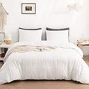 WARMDERN White Boho Duvet Cover Set Queen Size, Striped Textured Tufted Bedding Set, 3 Pcs Ultra Soft Washed Microfiber with Zipper Closure (Queen, White)