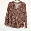 OLD NAVY Women Split Neck Blouse 100% Rayon Brown Floral Long Sleeve Small NEW