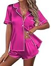 Ekouaer Womens Satin Silk Short Sleeve Button Down Top and Shorts Sleepwear Bridesmaid Pajamas Set Hot Pink Medium