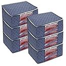 Homestrap Set of 6 Non-Woven Printed Saree Cover/Cloth Storage/Organizer with Transparent Window (Navy Blue)