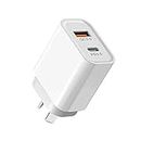 AU Plug 20W Fast Charger, USB C Charger, 2-Port Wall Charger with PD 20W USB-C Port and QC3.0 18W USB-A Fast Charging Port for iPhone 14/13/12, iPad, AirPod, Samsung Galaxy, Google Pixel (White)