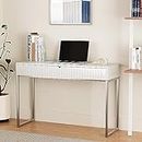 White Vanity Desk with 2 Drawers, Silver and White Desk,Home Office Desk Modern Makeup Vanity Table with Glossy Desktop,Writing Computer Standing Desk with Wood Top and Metal Legs