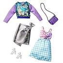 Barbie Fashions 2-Pack Clothing Set, 2 Outfits for Barbie Doll Include Iridescent Sweatshirt, Silvery Metallic Skirt, Gingham Dress & 2 Accessories, for Kids 3 to 8 Years Old
