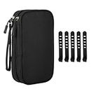 1 Piece Travel Electronic Cord Organizer Bag with 5 Piece Cord Storage Straps, Double Layer Cord Storage Carrying Case, Waterproof Accessory Storage Bag, Suitable for Travel, Camping (Black)