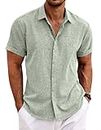 COOFANDY Men's Linen Shirts Short Sleeve Casual Shirts Button Down Shirt for Men Beach Summer Wedding Shirt Light Green