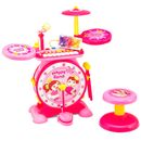 2-in-1 Kids Electronic Drum Kit Music Instrument Toy w/ Keyboard Microphone Pink