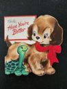 Vtg Hallmark GetWell Greeting Card Diecut Flocked Turtle Puppy Dog Red Collar 