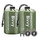 Esky Emergency Sleeping Bag, 2 Pack Portable Survival Thermal Bivy Sack, Waterproof Lightweight Survival Shelter Blanket Bags with Compass and Whistle for Camping Hiking Outdoor Adventure (Green)