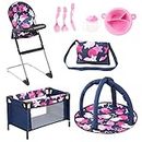 Bayer Design 61769AB Dolls Set 9 in 1 with Travel Cot, Bag, Play Arch, High Chair, Plastic Crockery, Doll Accessories, Blue, Pink, Stars